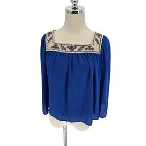 Flying Tomato Top Women's Size Medium Blue ITE947 Embroidered Square Neck Boho